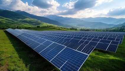 Solar panels on a hillside with mountains in the background