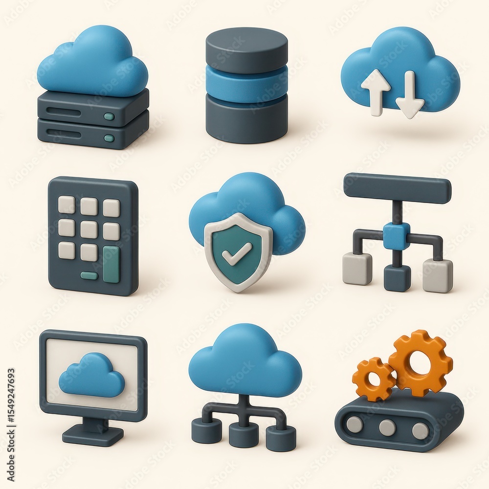 Poster colorful 3d icons of cloud computing elements.