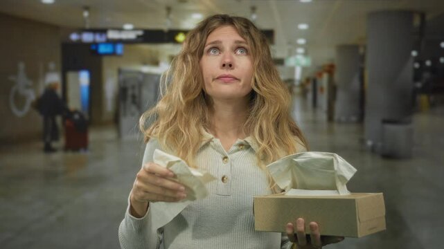 Woman grips tissue during sneezing episode at airport as blonde young traveler begins sniffling from cold congestion and fatigue.