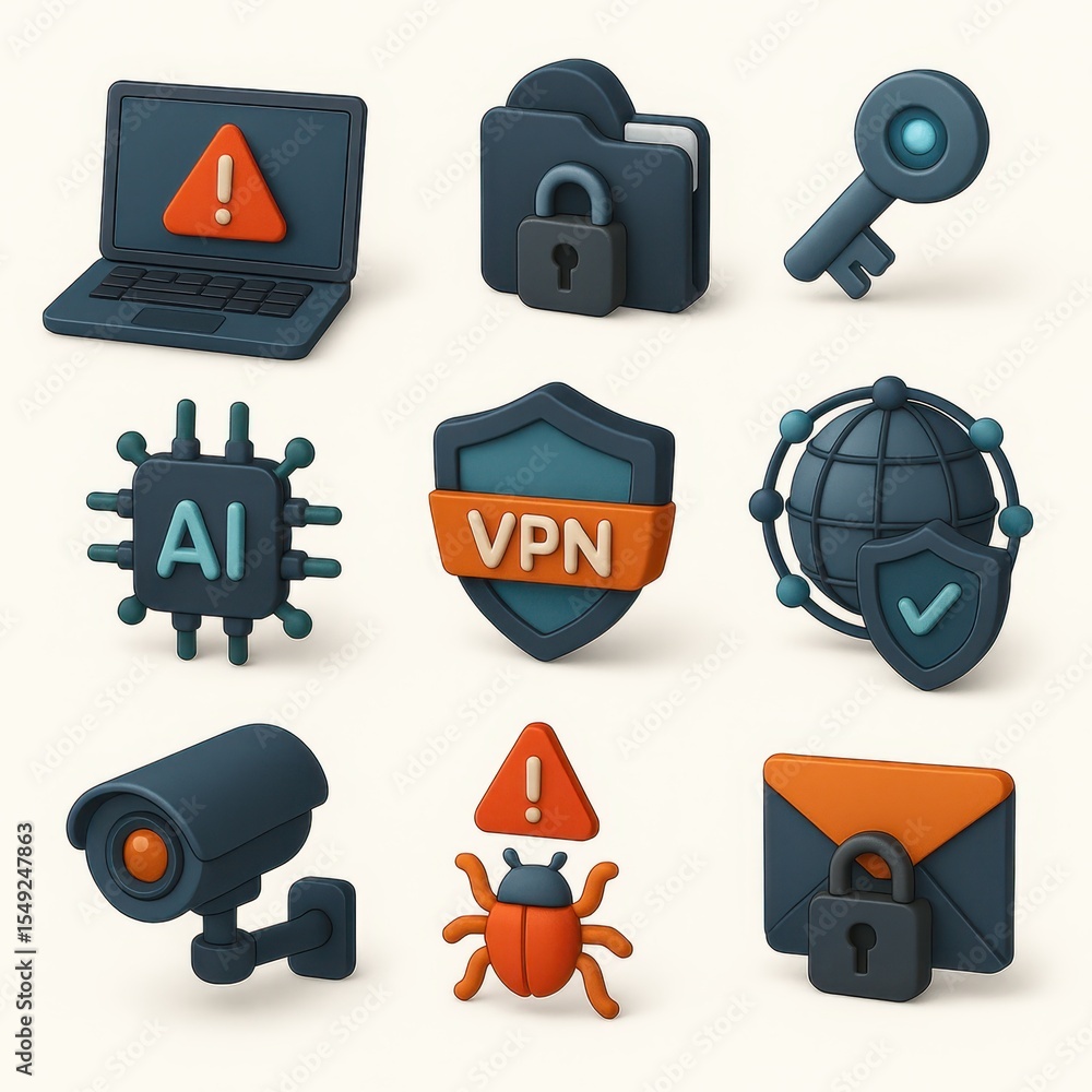 Poster collection of colorful, 3d digital icons depicting various security and technology concepts.