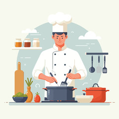 image of a male chef cooking in the kitchen with a simple and minimalist flat design using a white background