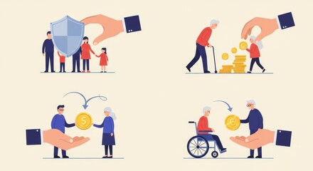 Family Security and Senior Support: A Financial Safety Net - Illustrates financial protection for families, disabled, and retired individuals through social security benefits, emphasizing security,