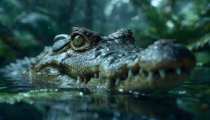 Obraz premium A crocodile partially submerged in water, gazing directly at the viewer in a jungle environment.
