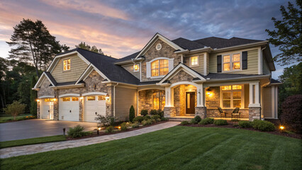 Naklejka premium Luxury Suburban House with Three Car Garage at Twilight | Upscale Home Exterior with Landscaped Lawn for Real Estate and Home Improvement Marketing