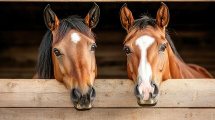 Two majestic horses curiously peer over a wooden fence, showcasing their beauty and connection to nature, embodying grace and companionship in an everyday farm setting.