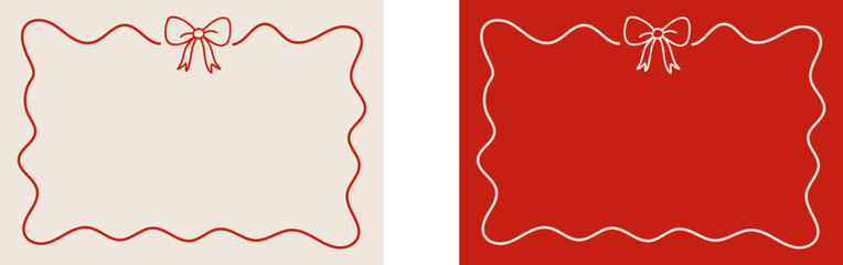 Set of two rectangular frames with red and white bow outlines and wavy borders. Perfect for holiday cards, packaging, or romantic-themed projects. Vector EPS 10
