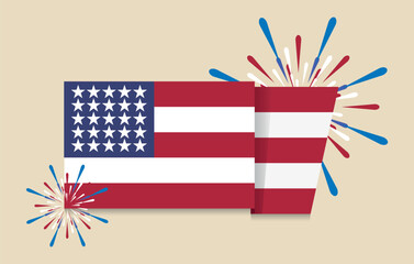 USA Flag with Fireworks - Flat Vector Illustration for Independence Day. Perfect for Fourth of July and patriotic holiday designs. Editable file