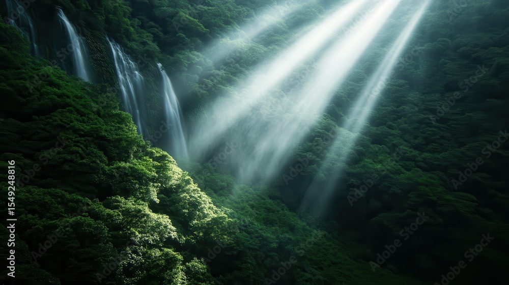 Poster a mesmerizing scene of a lush forest waterfall illuminated by rays of sunlight, creating a tranquil 