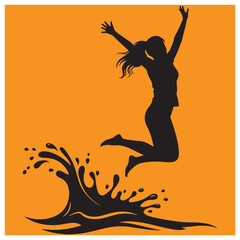 Silhouette of woman jumping over water celebrating joy and freedom against orange background