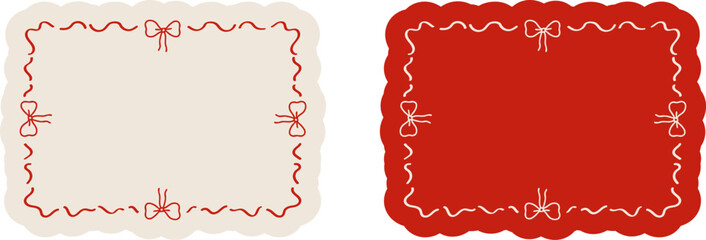 Set of rectangular frames featuring bows on all sides and wavy borders, perfect for romantic notes, gift cards, and festive packaging. Vector EPS 10