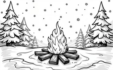 Intriguing bonfire crackling in a snowy landscape under a starry night sky evoking warmth and adventure for winter themed coloring experiences. High quality