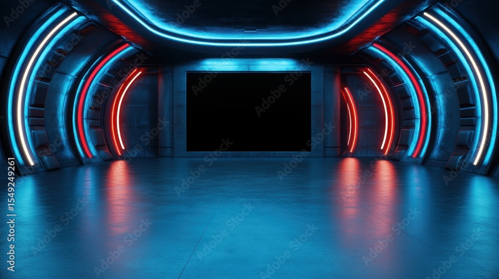Poster this striking image features a high-tech hallway illuminated by vibrant blue and red neon lights, cr