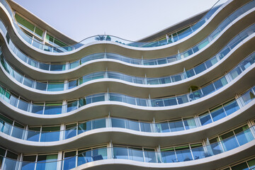 A modern apartment building with wavy pattern, Albion Riverside in Battersea, London, UK