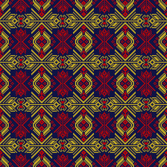 Unique traditional Thai fabric silk geometric ethnic oriental cross stitch style with red and golden Thai ornament seamless pattern on blue background.