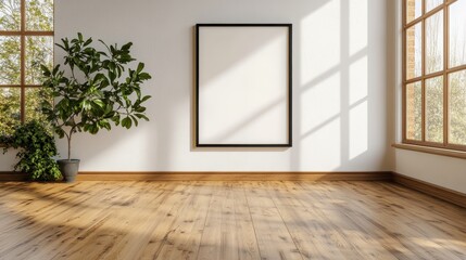 A bright and airy gallery space featuring large windows, highlighting the minimalist design, with a blank canvas awaiting artistic expression in a serene atmosphere.