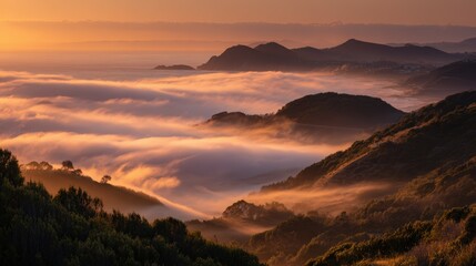 Obraz premium Sunrise Glow Over Coastal Hills