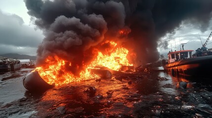 A chaotic scene depicts a ship engulfed in flames, sending dark smoke billowing into the air while tugboats respond, conveying urgency and the impact of maritime disasters.