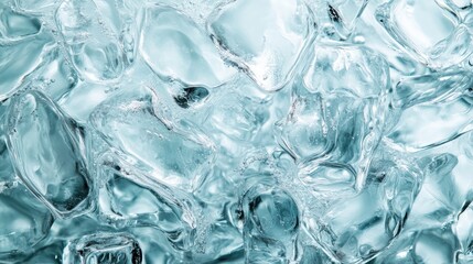 An artistic close-up of beautiful, clear ice cubes, showcasing their translucent surfaces and bubbles, evoking the refreshing essence of chilled beverages.