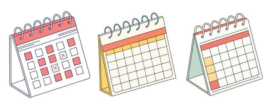 Three colorful desk calendars with different scheduling styles for organization and planning