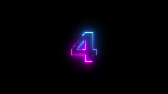 Glowing neon line number animation. number 4. Two-color looping trendy glowing neon numeric number four neon line animation on black background.