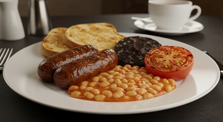 Indulge in a hearty full English breakfast, complete with succulent sausages, perfectly grilled toast, and a side of savory baked beans.