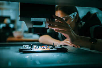 Robotic Engineer Woman in Semiconductor Factory Developing and Inspecting Smart Automation Robot Arm Prototype