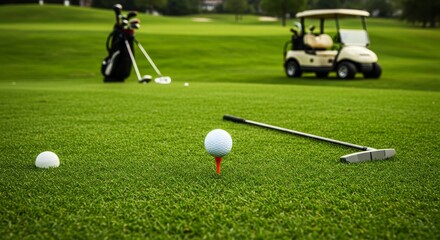 Golf Course Green Scene - A golf ball on a tee, putter, and golf bag in the background on a lush green golf course