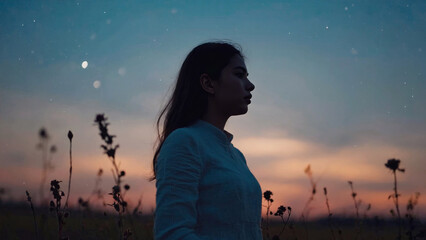 A lone woman stands in a field under the stars