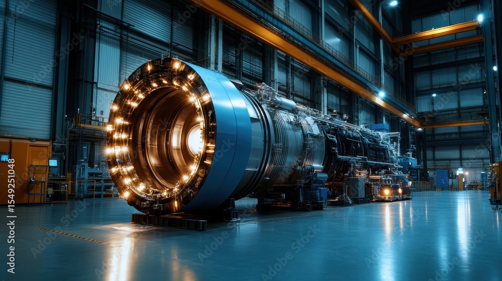 Poster this striking image of a large industrial engine component sitting idle in a high-tech factory envir