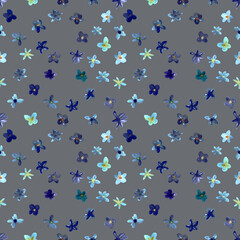 Seamless pattern with small blue flowers. Hand drawn chaotic ditsy print. Flower circle, round dance of daisy. Severe pattern. Design for spring, summer textile, fabric, background.
