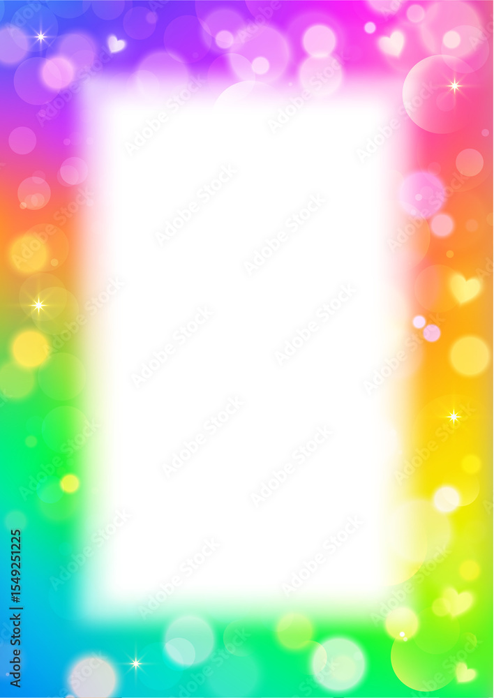 Poster gradient frame with blurred border and bokeh. abstract rainbow design. cute glowing neon template. m