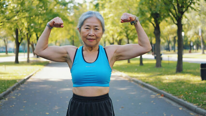 A senior citizen exercising outdoors, with toned arms and a determined expression
