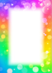 Obraz premium Gradient frame with blurred border and bokeh. Abstract rainbow design. Cute glowing neon template. Modern girly soft rectangle background for banners and posters.