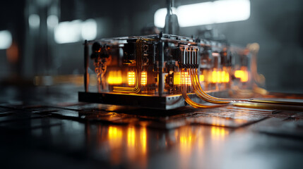 Advanced Technology Visualization: processor microchip starting artificial intelligence digitalization of neural networking and Cloud Computing. Digital lines move data, quantum computer interior,