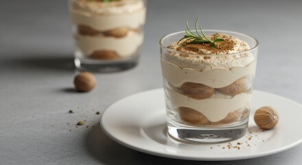 Indulge in the creamy, coffee-infused layers of this exquisite homemade tiramisu, delicately garnished with a sprig of rosemary and a dusting of cocoa, a true testament to Italian culinary artistry.