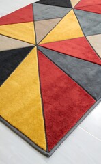 Close Up of a Modern Geometric Rug with Triangular Pattern in Red Yellow Gray Beige and Black on a White Wood Floor
