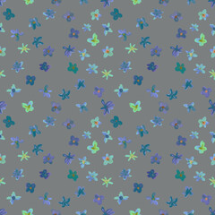 Seamless pattern with small blue flowers. Hand drawn chaotic ditsy print. Flower circle, round dance of daisy. Severe pattern. Design for spring, summer textile, fabric, background.