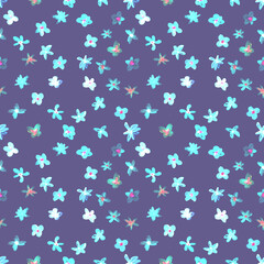 Seamless pattern with small blue flowers. Hand drawn chaotic ditsy print. Flower circle, round dance of daisy. Severe pattern. Design for spring, summer textile, fabric, background.