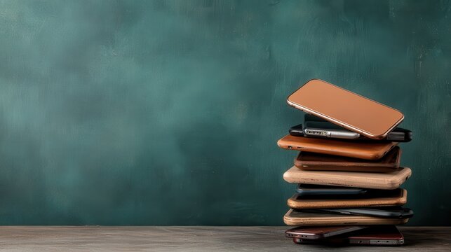A stylish arrangement of various mobile phones stacked together against a textured backdrop, representing modern technology's integration into our daily lives and its significance in communication.