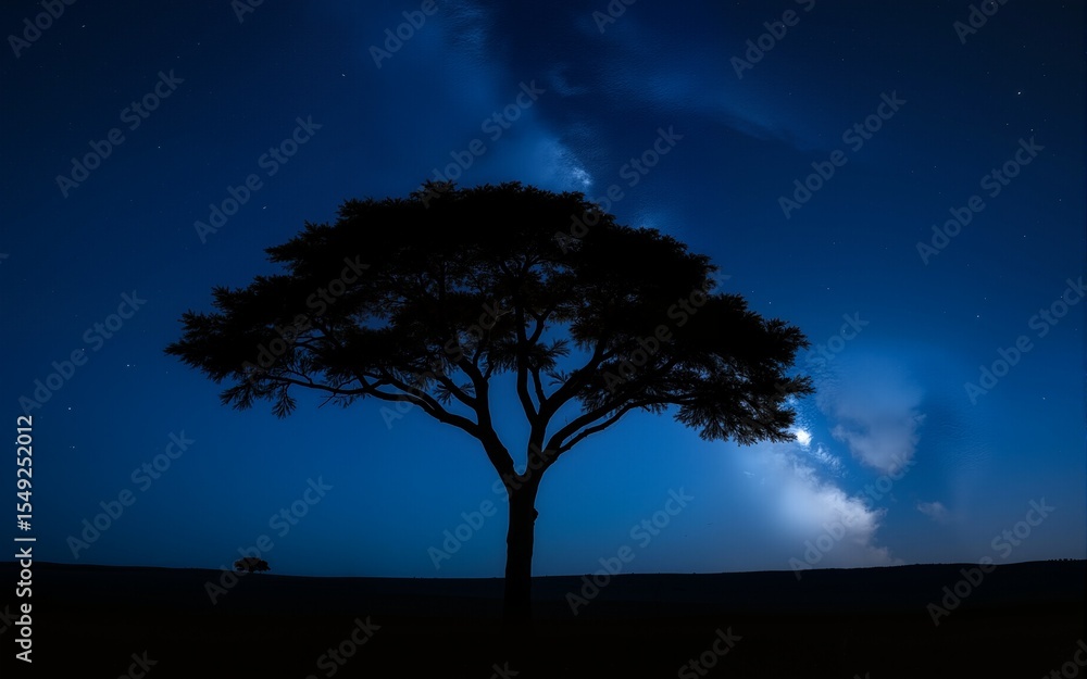 Wall mural panorama blue night sky milky way and star on dark background.tree silhouetted against a dark night.