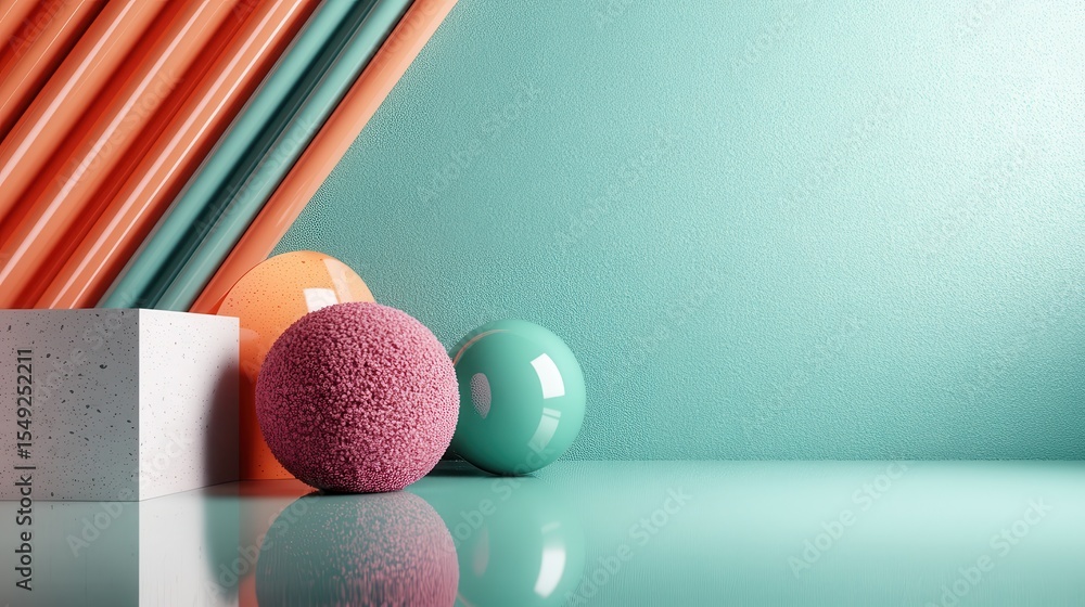 Poster a composition of colorful geometric shapes arranged artfully against a smooth surface, highlighting 