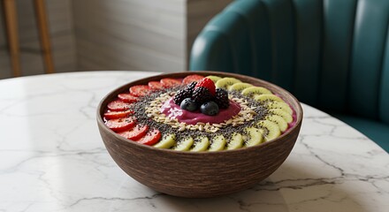 Indulge in a vibrant symphony of flavors with this exquisitely arranged berry and kiwi smoothie bowl, a delightful treat for the senses.