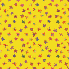 Seamless pattern with small flowers. Hand drawn chaotic ditsy print. Flower circle, round dance of daisy. Severe pattern. Design for spring, summer textile, fabric, background.