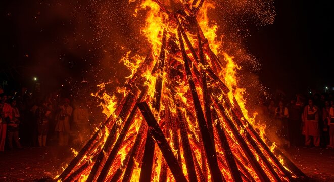 Majestic Burning Bonfire at Night - A large bonfire burns brightly at night, illuminating the surrounding area with its intense flames. People are visible in the background, watching the spectacle