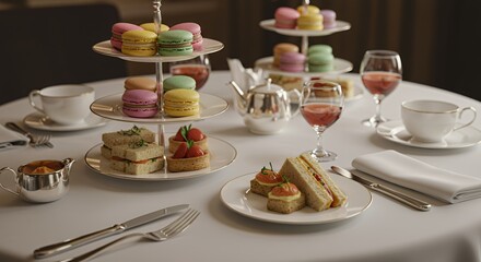 Indulge in an Elegant Afternoon Tea: Delicate Macarons, Savory Sandwiches, and Strawberry Tarts Await