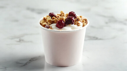White paper cup of yogurt with granola and berries on a white marble background.