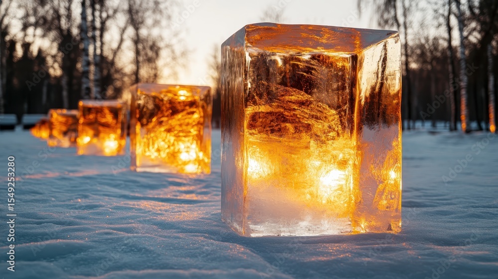 Poster the image showcases large ice blocks illuminated from within, creating a stunning contrast against a