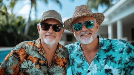 A joyful moment captured of two elderly men wearing colorful shirts and sunglasses, smiling radiantly by the poolside, symbolizing friendship and vibrant living in later years.