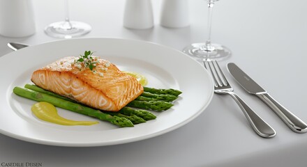 Exquisitely Plated Pan-Seared Salmon with Asparagus and Lemon-Butter Sauce, a Culinary Masterpiece Ready to Delight.