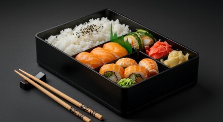Indulge in this exquisite Japanese bento box, a delightful array of sushi, rice, and pickled ginger, perfectly presented for a satisfying and visually appealing meal.